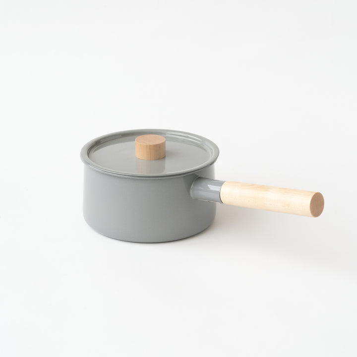 KAICO ENAMEL PAN WITH LID AND WOODEN HANDLE GRAY