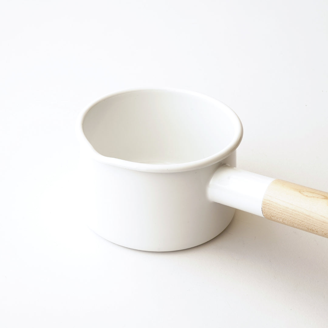 KAICO ENAMEL MILK PAN WITH WOODEN HANDLE WHITE