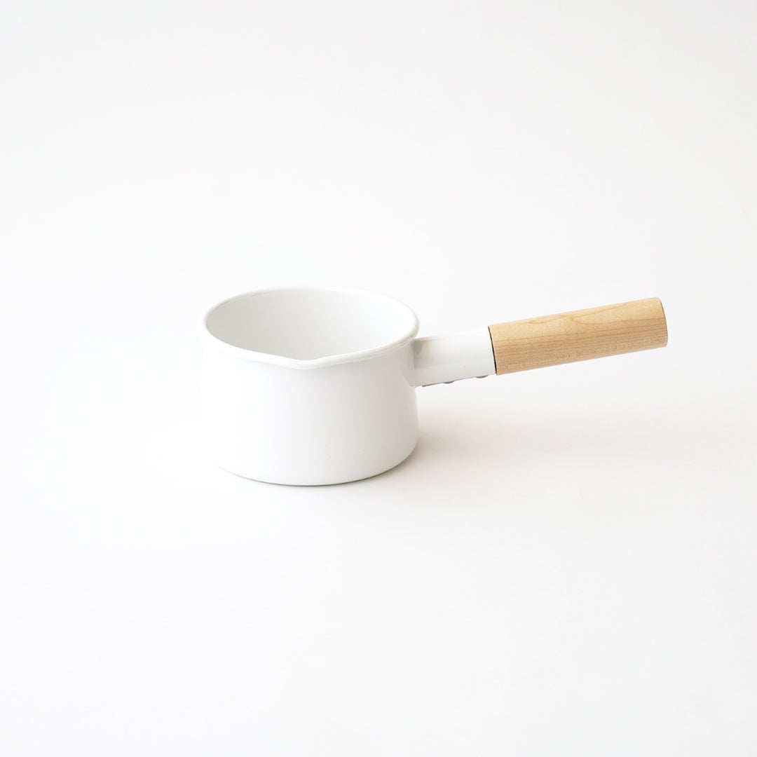 KAICO ENAMEL MILK PAN WITH WOODEN HANDLE WHITE